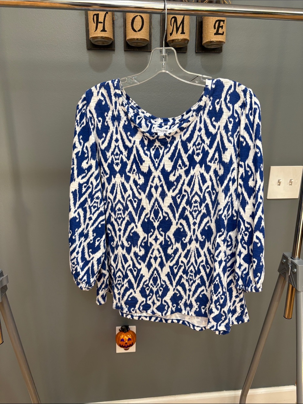Chico's Blue and White Ikat Scoop Neck Blouse